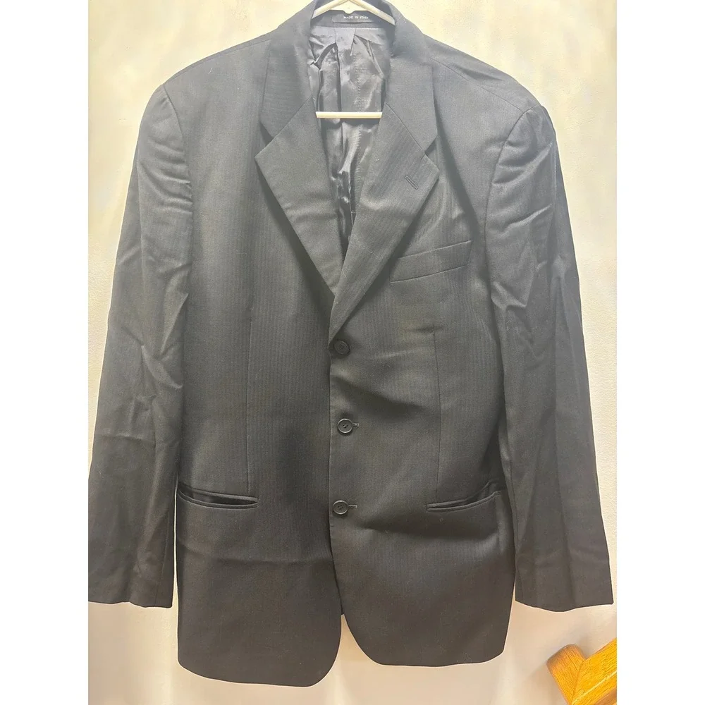 Emporio Armani Blazer Mens‎ 38.5L Black Herringbone 3-Button Suit Jacket Good